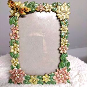 Enameled Floral Photo Frame w/ Dragonfly & Rhinestone Accents